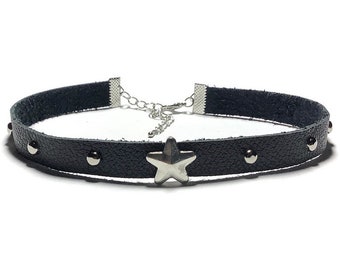 Black Leather STAR Choker, 10mm Black Choker, Punk Choker, Rocker Choker, Gothic Choker, Choker Collar, Thin Black Choker