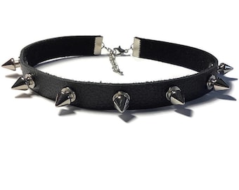 Silver Spike Leather Choker, Black Choker, Punk Choker, Rocker Choker, Gothic Choker, Choker Collar, Leather Choker, Thin Black Choker