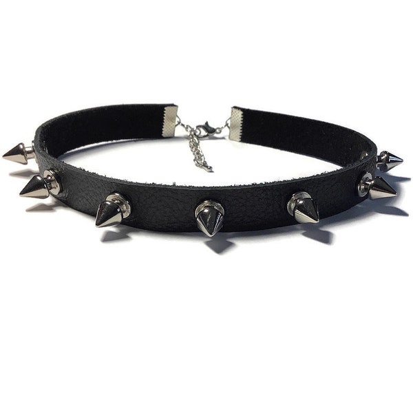 Silver Spike Leather Choker, Black Choker, Punk Choker, Rocker Choker, Gothic Choker, Choker Collar, Leather Choker, Thin Black Choker