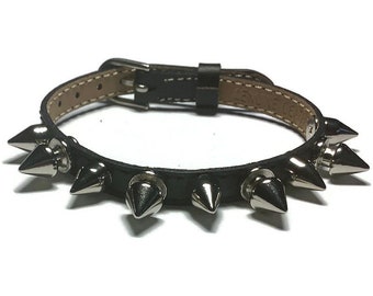Spiked Leather Bracelet, Black Wristband, Punk Rock Style