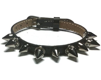 8mm Spike Studded Leather Bracelet Wristband,  Flat Black Leather Buckle Bracelet Wristband With Spike Studs, Spiked Flat Leather