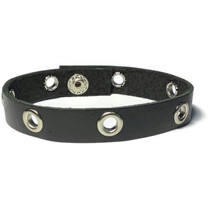 Soft Studded Black Leather Bracelet Silver Grommet Studded Black Wristband 10mm Black Leather Wristband image 1