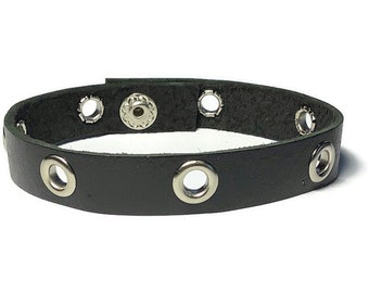 Studded Black Leather Bracelet: Silver Grommet Wristband