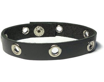 Soft Studded Black Leather Bracelet  -  Silver Grommet Studded Black Wristband - 10mm Black Leather Wristband