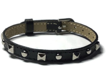 Pyramid Studded Black Leather Buckle Bracelet Wristband - 8mm Studded Black Leather Strap -  Adjustable - Layering bracelet