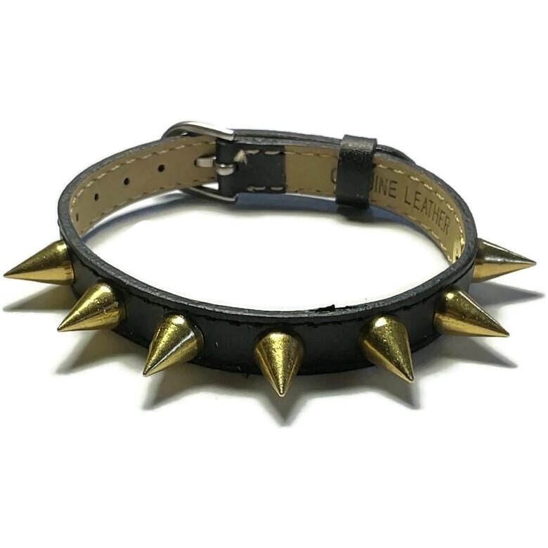 Spiked Black Leather Bracelet: Gold Studded Wristband, Adjustable Buckle