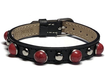 Marbled Red Studded Leather Bracelet  -  Silver Studded Black Wristband - 10mm Black Leather Wristband