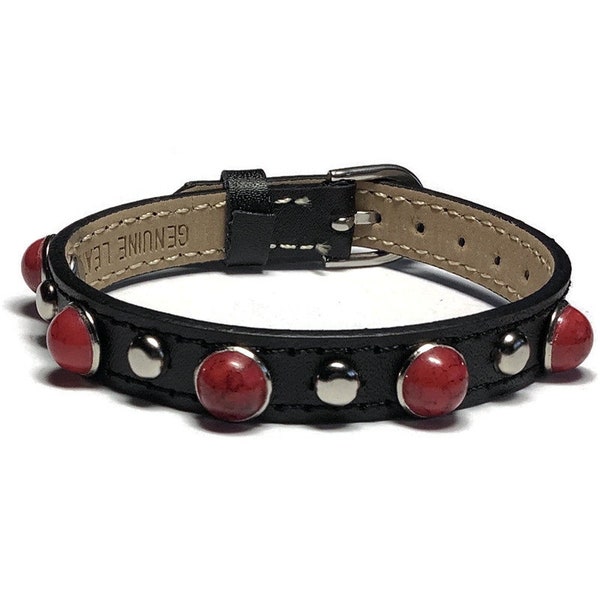 Marbled Red Studded Leather Bracelet  -  Silver Studded Black Wristband - 10mm Black Leather Wristband