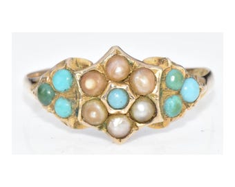 Victorian 9ct gold ring set with split pearls and turquoise cabochons