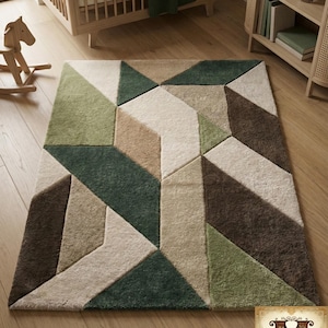 Geometric Block Hand-Tufted Rug, Earthy Mid-Century Modern Living Room Carpet