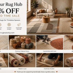 Puede incluir: Un gr&aacute;fico promocional de Mirzapur Rug Hub con alfombras tejidas a mano con patrones geom&eacute;tricos y florales en beige, marr&oacute;n y terracota. La imagen muestra el proceso de fabricaci&oacute;n, incluyendo bobinas de hilo, herramientas y embalaje.