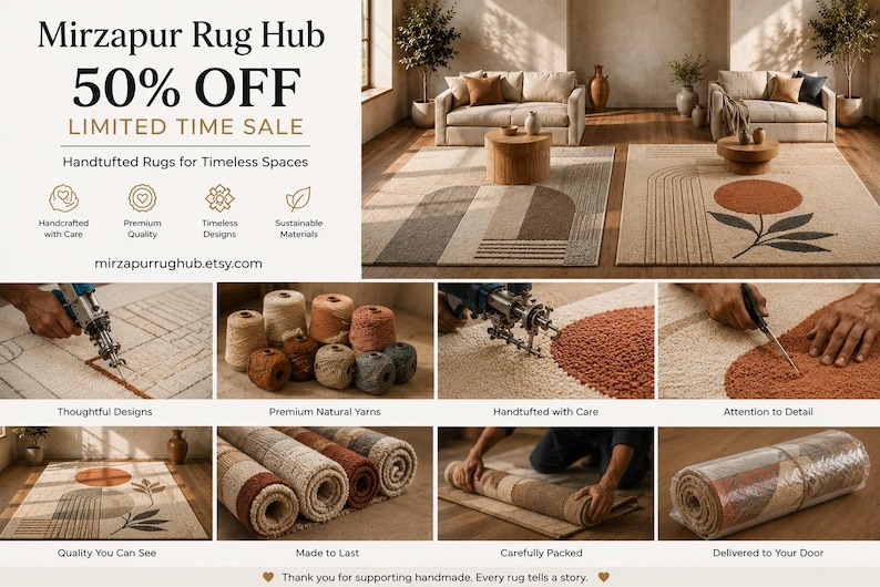 Puede incluir: Un gr&aacute;fico promocional de Mirzapur Rug Hub con alfombras tejidas a mano con patrones geom&eacute;tricos y florales en beige, marr&oacute;n y terracota. La imagen muestra el proceso de fabricaci&oacute;n, incluyendo bobinas de hilo, herramientas y embalaje.