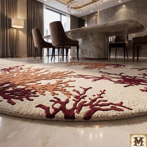 Puede incluir: Una alfombra redonda de color crema con un patr&oacute;n texturizado y elevado de ramas de coral en tonos rojo oscuro y naranja quemado. La alfombra tiene una construcci&oacute;n de pelo grueso y copetudo y est&aacute; colocada sobre un suelo liso y claro.