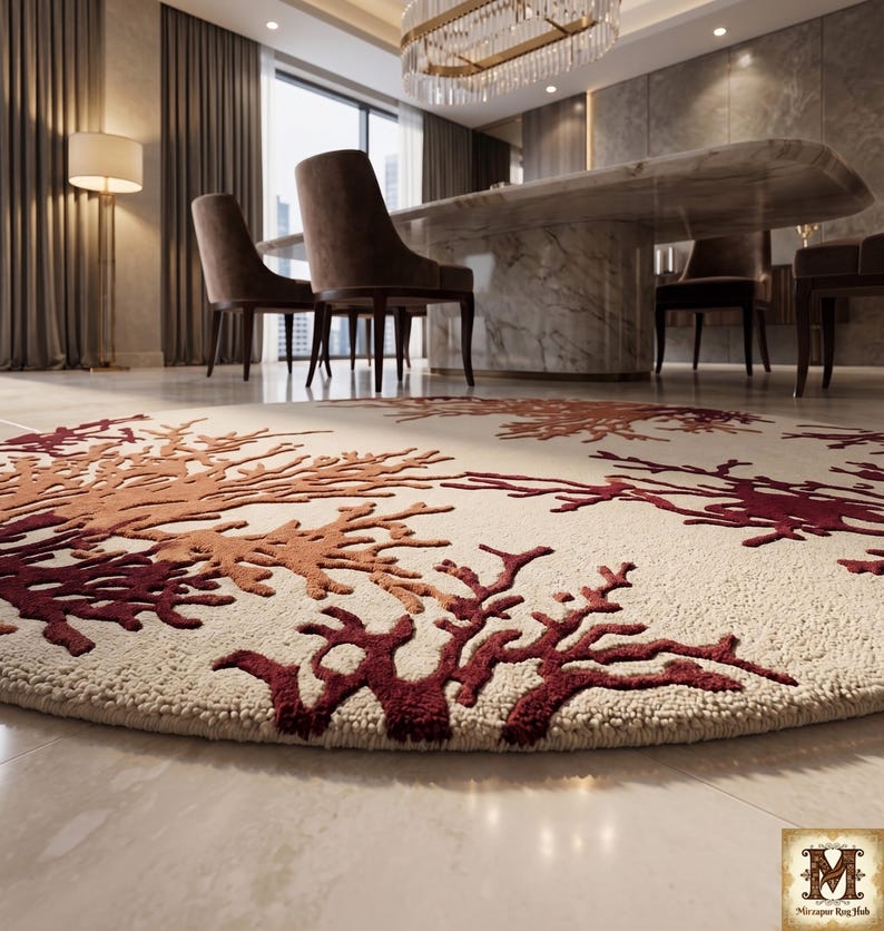 Puede incluir: Una alfombra redonda de color crema con un patr&oacute;n texturizado y elevado de ramas de coral en tonos rojo oscuro y naranja quemado. La alfombra tiene una construcci&oacute;n de pelo grueso y copetudo y est&aacute; colocada sobre un suelo liso y claro.