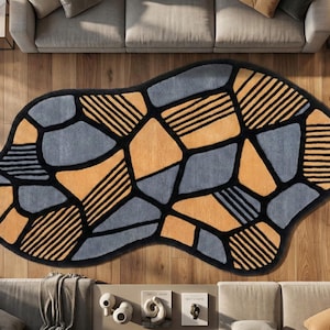 Irregular Geometric Hand Tufted Rug, Abstract Amoeba Shape Mustard Slate Blue Modern MidCentury Decor