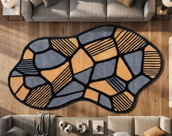Alfombra geométrica irregular tejida a mano, forma abstracta de ameba, color azul pizarra mostaza, decoración moderna de mediados de siglo.