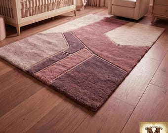Alfombra geométrica moderna, decoración de mediados de siglo, boho de textura suave, beige rosa neutro, alfombra contemporánea