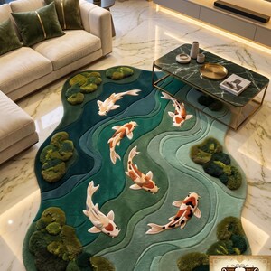 Hand Tufted Koi Fish Pond Rug, Irregular Moss Green Area Rug, Nature Inspired Wool Carpet, Japanese Garden Rug, Living Room Statement Rug