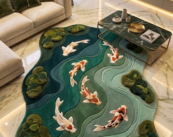 Alfombra de estanque con peces koi, tejida a mano, alfombra irregular verde musgo, alfombra de lana de inspiración natural, alfombra de jardín japonés, alfombra llamativa para sala de estar.