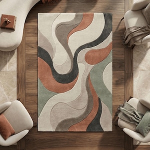 Abstract Wavy Rug | Mid Century Modern Earth Tone Carpet | Boho Rust Sage Decor