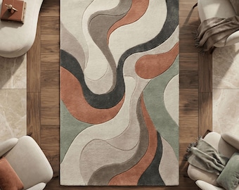 Alfombra abstracta ondulada / Alfombra moderna de mediados de siglo en tonos tierra / Decoración bohemia en tonos óxido y salvia