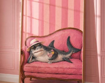 Funny Shark Wall Art – Pink Coquette Wall Decor, Beach House Decor, Preppy Coastal Art Print, Whimsical Maximalist Poster