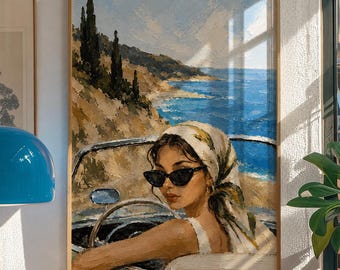Stampa artistica da parete "Estate europea" - Decorazione costiera per la nipote, Estetica da vecchio stile, Poster Riviera italiana, Arte di moda con auto d'epoca, Digitale