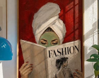 Stampa artistica da parete a tema moda – Poster "Ragazza che si prende cura di sé", decorazione per la stanza della bellezza, opera d'arte per una giornata alla spa, illustrazione di moda femminile, download digitale