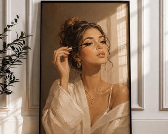 Quadro da parete "Bellezza femminile" - Stampa di un ritratto truccato, decorazione neutra e alla moda, illustrazione di donna elegante, decorazione per la camera da letto.