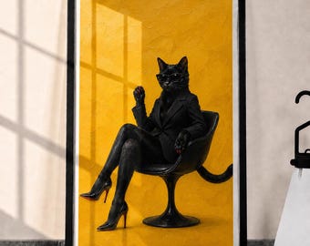 Stampa artistica da parete con gatto alla moda, poster con gatto nero sui tacchi, decorazione chic e femminile con animali, illustrazione di moda divertente, arte murale moderna, Boss Cat