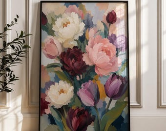 Stampa artistica floreale da parete – Dipinto romantico di peonie e tulipani, poster floreale d'ispirazione vintage, decorazione elegante e femminile, download digitale