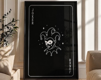 Poster minimalista con la carta Joker, arte murale in bianco e nero, arredamento dall'estetica dark, regalo per gli amanti del poker, stampa grafica moderna