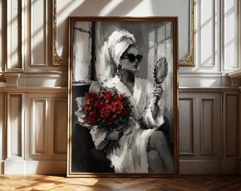 Quadro da parete di lusso con donna, stampa in stile vecchia ricchezza, dipinto malinconico in bianco e nero, elegante decorazione femminile, elegante donna con rose rosse