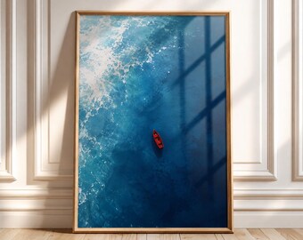 Stampa artistica da parete con barca rossa sull'oceano – Poster costiero minimalista, opera d'arte con mare blu profondo, decorazione nautica moderna