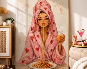 Stampa artistica da parete per amanti della pasta – Poster con ragazza civettuola rosa, decorazione femminile divertente, opera d'arte dall'estetica delicata, download digitale