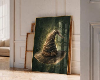 Stampa artistica da parete con cappello da mago magico, decorazione dark academia, poster con estetica da strega, arte fantasy da parete, arredamento gotico per la casa, stampa artistica mistica