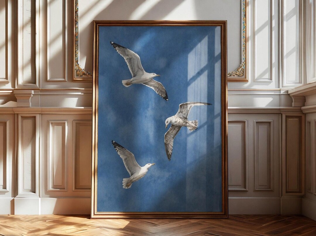 Seagull Wall Art Printable, Minimalist Bird Art, Blue Sky Coastal Decor ...