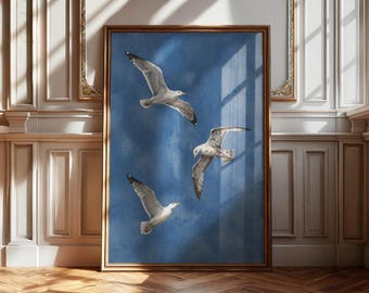 Stampa artistica murale con gabbiano, arte minimalista con uccelli, decorazione costiera con cielo blu, poster naturalistico moderno, arte murale scandinava, download digitale