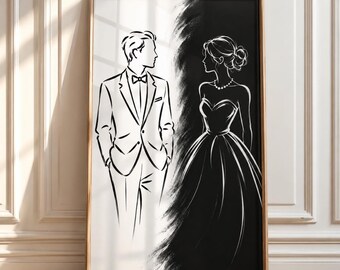 Stampa artistica da parete minimalista per coppia, poster romantico in bianco e nero con linee stilizzate, elegante decorazione per matrimoni, opera d'arte moderna a tema amore.