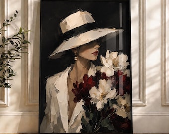 Quadro da parete di lusso con donna, stampa in stile vecchia ricchezza, dipinto malinconico in bianco e nero, elegante decorazione femminile, elegante donna con rose rosse