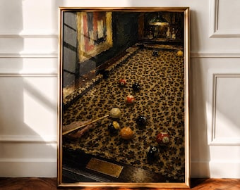 Quadri vintage per sala biliardo, decorazioni per sala giochi in stile old money, stampe di lusso in stile moody, illustrazioni di leopardi per tavolo da biliardo, poster di leopardi