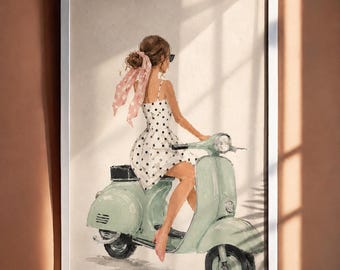 Stampa artistica da parete "Vespa Girl", decorazione estetica civettuola, poster estivo europeo, illustrazione di moda femminile, download digitale in stile old money.
