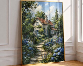 Arte murale Cottagecore, stampa di un dipinto vintage di un cottage, accogliente paesaggio di campagna, arte di una casa da giardino inglese, decorazioni rustiche per la casa, D digitale