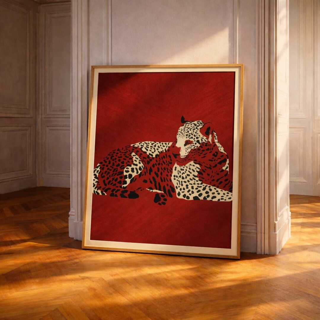 Leopard Wall Art Print, Red Minimalist Animal Poster, Modern Safari ...