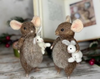 Needle Felted Mouse Sculpture with Toy Bunny – Handmade Welsh Collectible