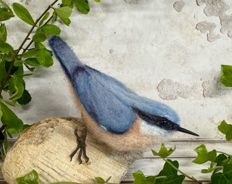 Needle Felted Nuthatch Bird – Miniature Wool Art Collectible on Driftwood