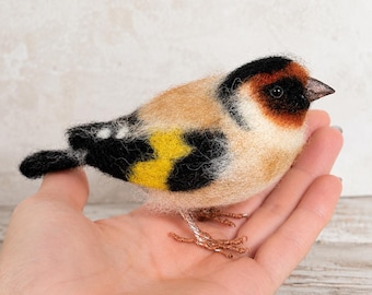 Needle Felted life-size Goldfinch – Handmade Miniature Bird Collectible, Soft Sculpted Wool Art Animal