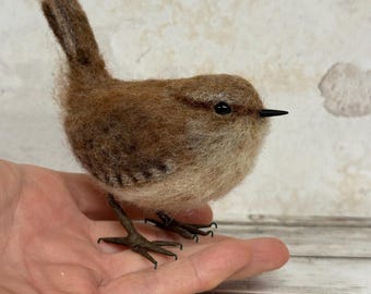 Needle Felted Wren Bird – Handmade Miniature Bird Collectible, Soft Sculpted Wool Art Animal