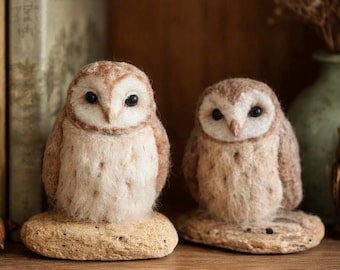 Needle Felted Owl Miniature – Handmade Wool Bird Collectible on Wood Base