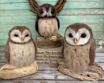 Needle Felted Owl Miniature – Handmade Wool Bird Collectible on Wood Base
